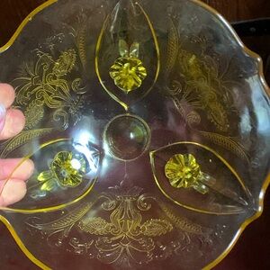 Antique Yellow Etched Lancaster Depression Glass Bowl With Legs Light Glow